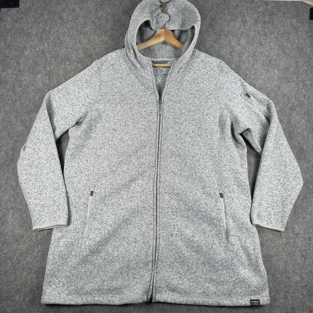LL Bean Coat Womens 2X Plus Gray Knit Fleece Hooded Full Zip Pockets Mid Length
